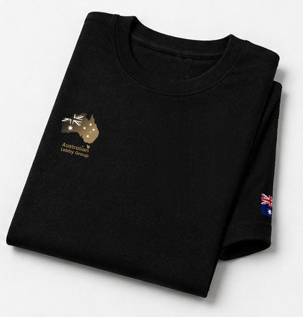 The Australian Lobby Group black short-sleeve t-shirt folded, showing the gold Australian map logo on the right chest and the Australian flag on the left sleeve.