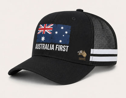 Australia First Trucker Cap - Black with White Stripes