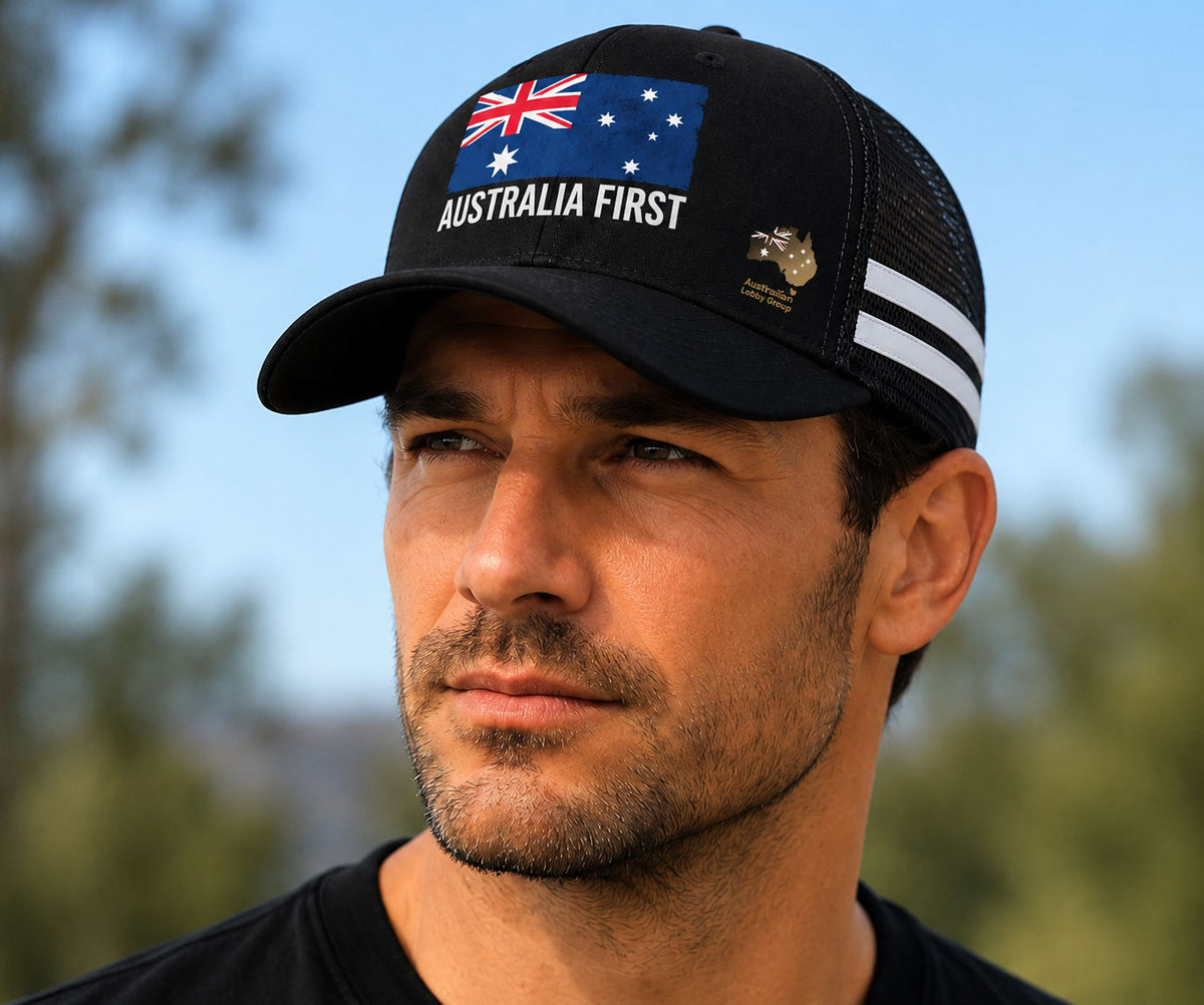 Australia First Trucker Cap - Black with White Stripes