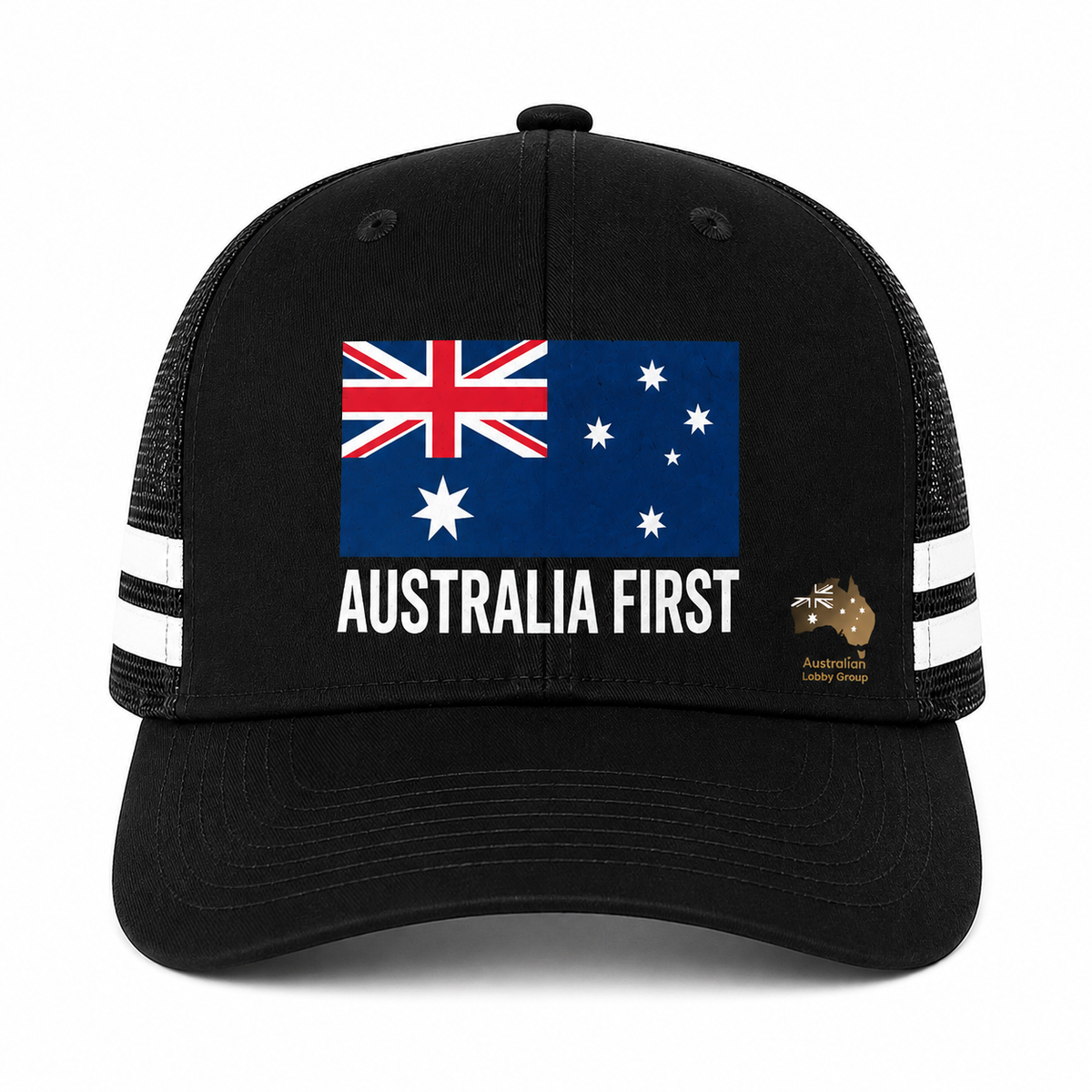 Australia First Trucker Cap - Black with White Stripes