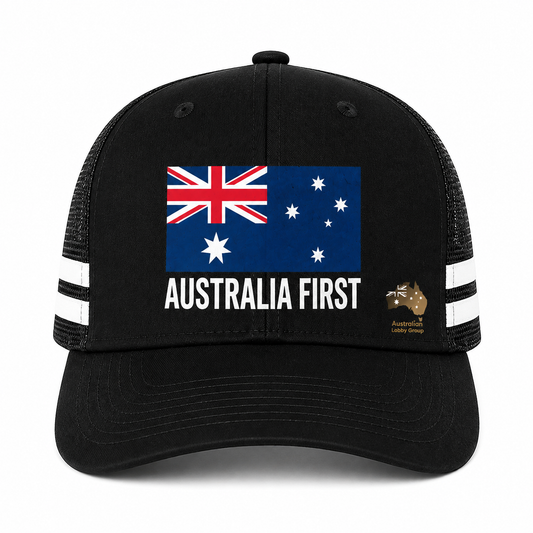 Australia First Trucker Cap - Black with White Stripes