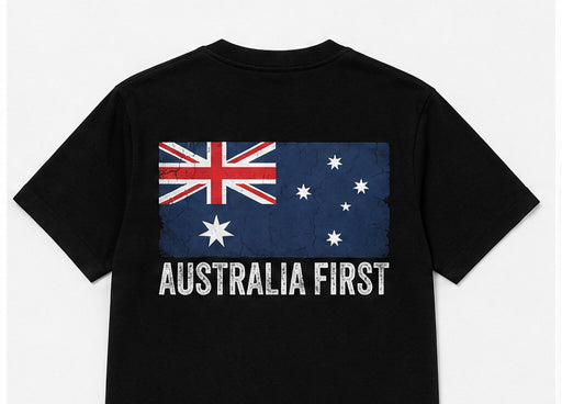 The Australian Lobby Group black short-sleeve t-shirt, back view, with a distressed Australian flag and AUSTRALIA FIRST in white across the upper back.