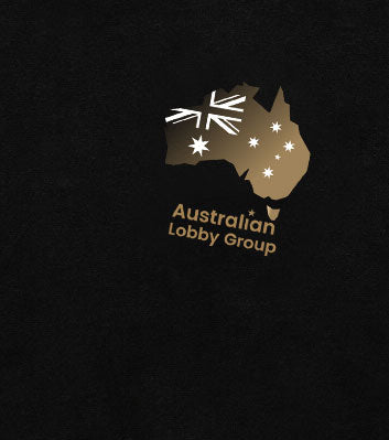 Close-up of the gold Australian map logo of The Australian Lobby Group on the right chest of the black short-sleeve t-shirt.