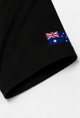 Close-up of the small Australian flag on the left sleeve of The Australian Lobby Group black short-sleeve t-shirt.